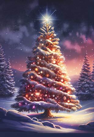 Winter background with bright lights and snow on Christmas tree with decorations.の写真素材