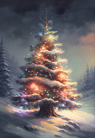 Winter background with bright lights and snow on Christmas tree with decorations.の写真素材