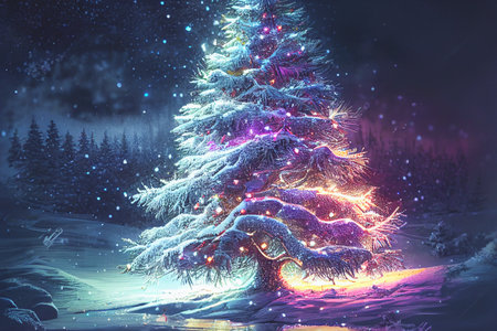 Winter background with bright lights and snow on Christmas tree with decorations.の写真素材