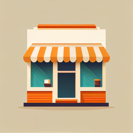 Flat cartoon style shop facade front view. Modern flat storefront or supermarket design. Minimalist shopping online wallpapersの写真素材