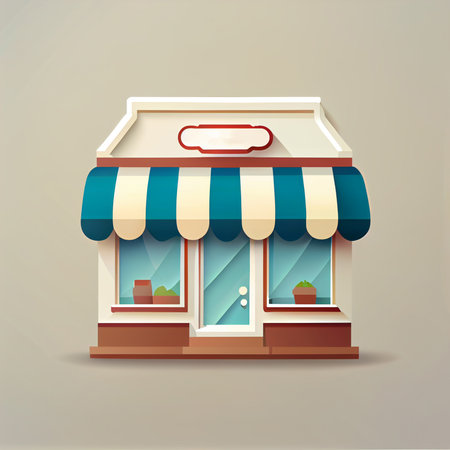 Flat cartoon style shop facade front view. Modern flat storefront or supermarket design. Minimalist shopping online wallpapersの写真素材