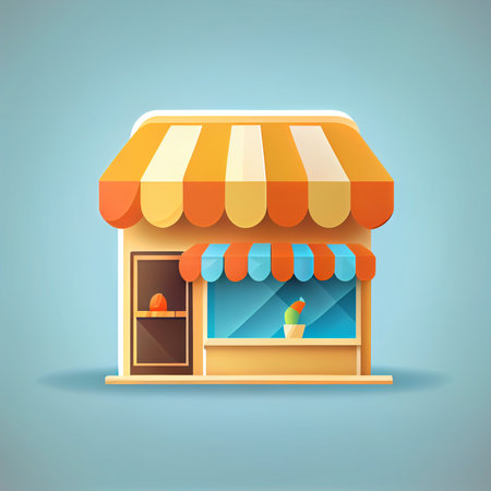 Flat cartoon style shop facade front view. Modern flat storefront or supermarket design. Minimalist shopping online wallpapersの写真素材