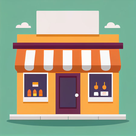 Flat cartoon style shop facade front view. Modern flat storefront or supermarket design. Minimalist shopping online wallpapersの写真素材