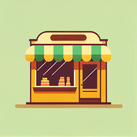 Flat cartoon style shop facade front view. Modern flat storefront or supermarket design. Minimalist shopping online wallpapersの写真素材