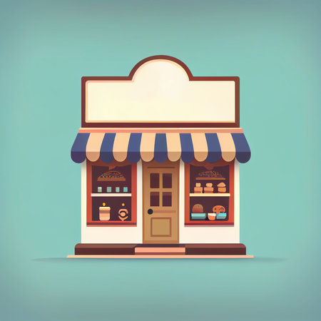 Flat cartoon style shop facade front view. Modern flat storefront or supermarket design. Minimalist shopping online wallpapersの写真素材
