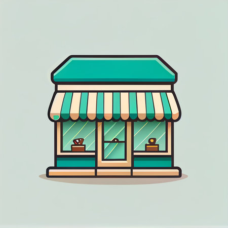Flat cartoon style shop facade front view. Modern flat storefront or supermarket design. Minimalist shopping online wallpapersの写真素材