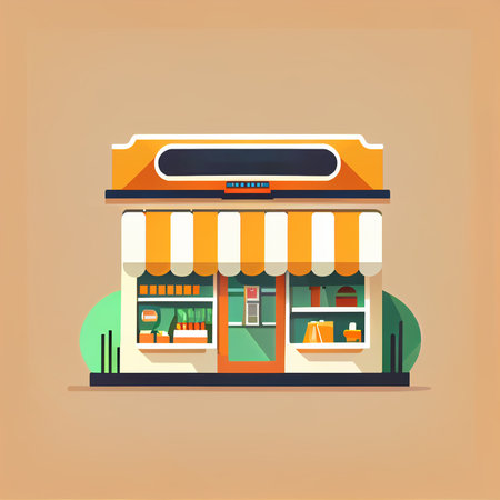 Flat cartoon style shop facade front view. Modern flat storefront or supermarket design. Minimalist shopping online wallpapersの写真素材