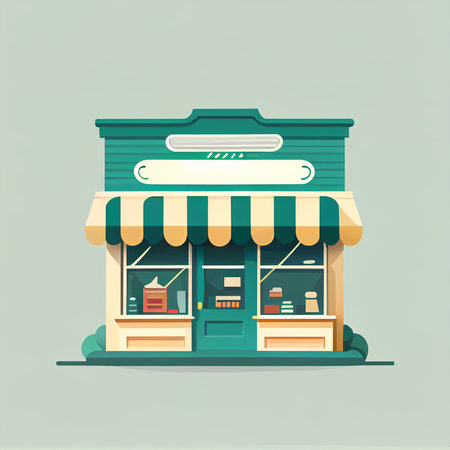 Flat cartoon style shop facade front view. Modern flat storefront or supermarket design. Minimalist shopping online wallpapersの写真素材