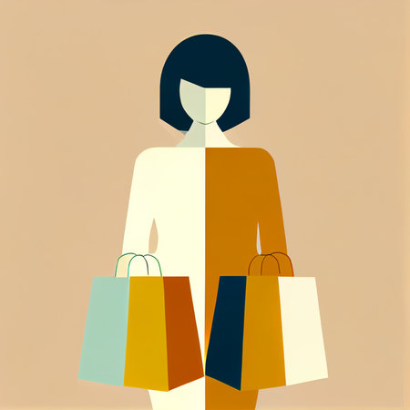Flat woman holding shopping bags cartoon wallpaper. Modern flat design for shopping online Website layout design. Minimalist wallpapersの写真素材