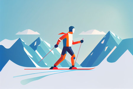 Skier in the mountains against blue sky, Winter holiday vacation.

Mountain resort and snow in the background. Concept of Winter sports at holidays.の写真素材
