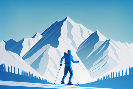 Skier in the mountains against blue sky, Winter holiday vacation.

Mountain resort and snow in the background. Concept of Winter sports at holidays.の写真素材