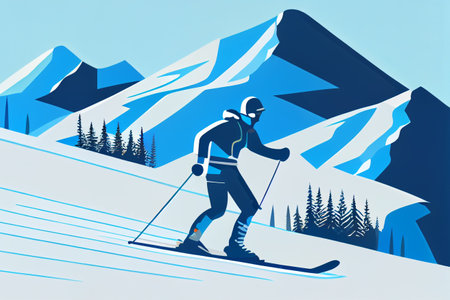 Skier in the mountains against blue sky, Winter holiday vacation.

Mountain resort and snow in the background. Concept of Winter sports at holidays.の写真素材