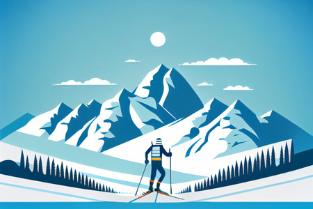 Skier in the mountains against blue sky, Winter holiday vacation.

Mountain resort and snow in the background. Concept of Winter sports at holidays.の写真素材