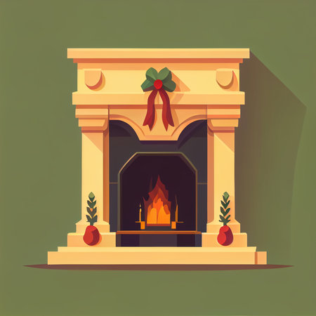 Classic Christmas Fireplace. Happy new year decoration. Merry Christmas holiday. illustration flat styleの写真素材