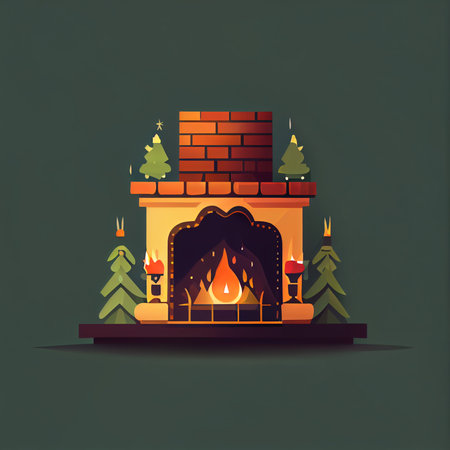 Classic Christmas Fireplace. Happy new year decoration. Merry Christmas holiday. illustration flat styleの写真素材
