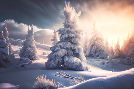 White winter spruces in the snow on a frosty day. Perfect wintry wallpapers magical nature photography.の写真素材