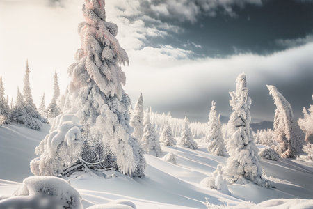 White winter spruces in the snow on a frosty day. Perfect wintry wallpapers magical nature photography.の写真素材