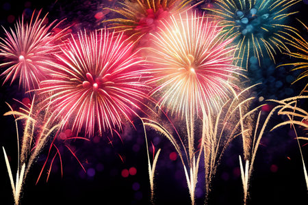 Beautiful fireworks in the new year festival background with free space for text. Abstract colored holiday background.の写真素材