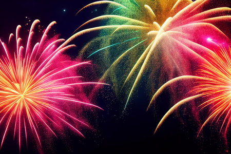 Beautiful fireworks in the new year festival background with free space for text. Abstract colored holiday background.の写真素材
