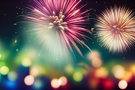 Beautiful fireworks in the new year festival background with free space for text. Abstract colored holiday background.の写真素材