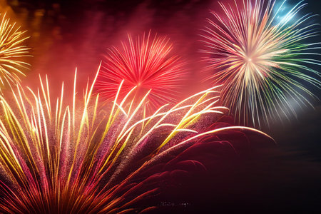 Beautiful fireworks in the new year festival background with free space for text. Abstract colored holiday background.の写真素材