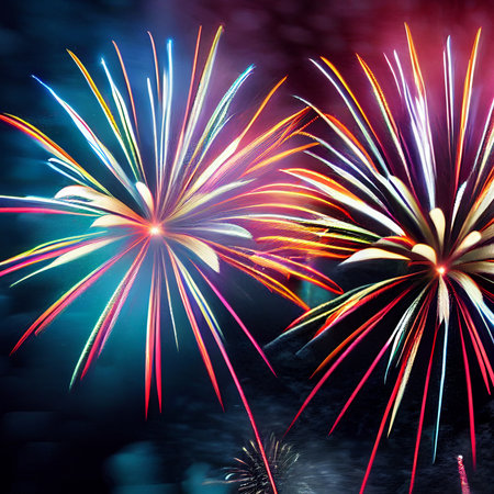 Beautiful fireworks in the new year festival background with free space for text. Abstract colored holiday background.の写真素材