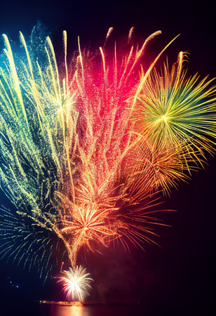 Beautiful fireworks in the new year festival background with free space for text. Abstract colored holiday background.の写真素材