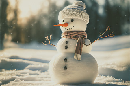 Snowman standing in Winter Christmas landscape. Snow background with free space for text.の写真素材