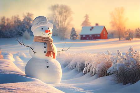 Snowman standing in Winter Christmas landscape. Snow background with free space for text.の写真素材
