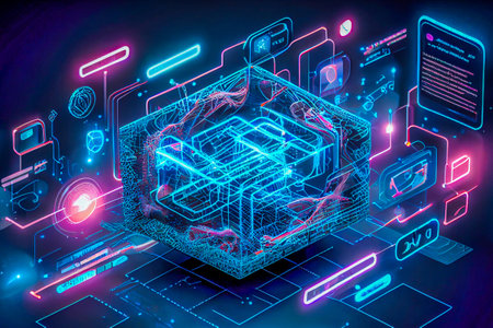3D render of Metaverse technology background with blockchain network connections. User interface 3D experience.の写真素材