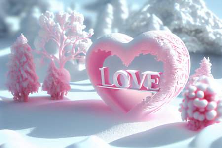 Huge ice heart with the word LOVE and Christmas tree. Perfect card for Valentine's Day or Christmas. Winter wonderland with beautiful snow-covered scene. 3D illustrationの写真素材