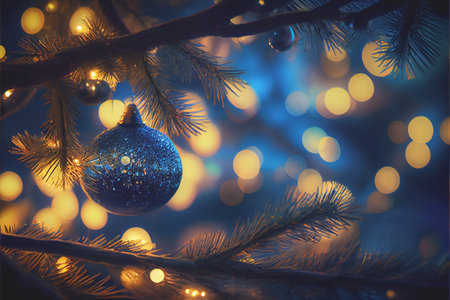 Dark Blue Christmas Tree with Glittering Ornaments and Defocused Lights on Fir Branches in an Abstract Nighttime Backgroundの写真素材