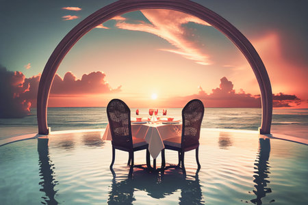 Romantic couple diner outdoor table with infinity pool and seascape view under sunset. Perfect tropical getaway for honeymoon.の写真素材