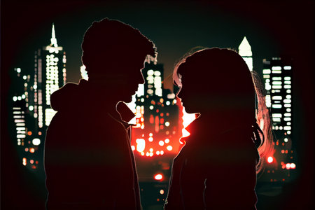Romantic moment between teenage couple in silhouette against blur of the city at night for love...