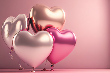 Heart shaped foil balloons on pastel pink background for Valentine's Day or wedding/bachelorette party. 3D illustrationの写真素材