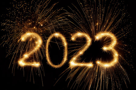 Bright 2023 text fireworks on black background perfect for NYE celebrations or special events....