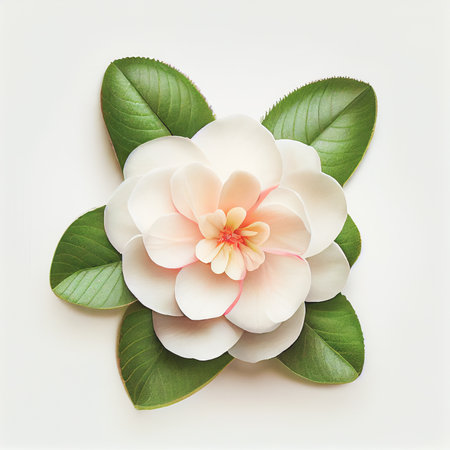 Camellia flower in a top view, isolated on a white background, suitable for use on Valentine's Day cards, love letters, or springtime designs.の写真素材