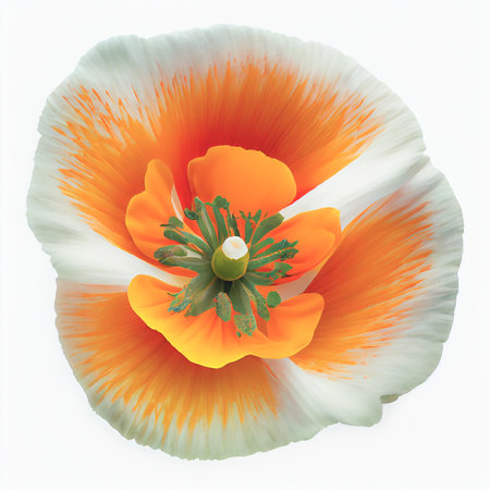 Top view a California poppy flower isolated on a white background, suitable for use on Valentine's Day cards, love letters, or springtime designs.の写真素材