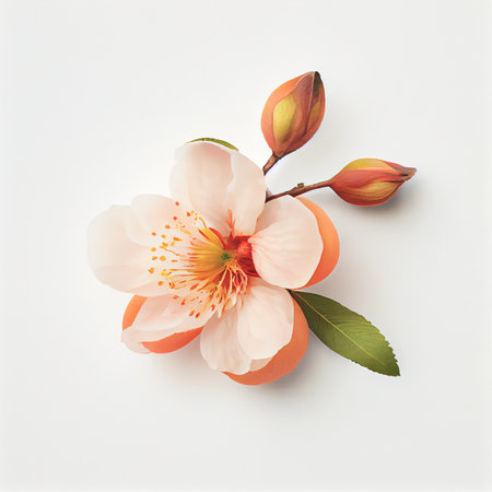 Top view a Peach blossom flower isolated on a white background, suitable for use on Valentine's Day cards, love letters, or springtime designs.の写真素材