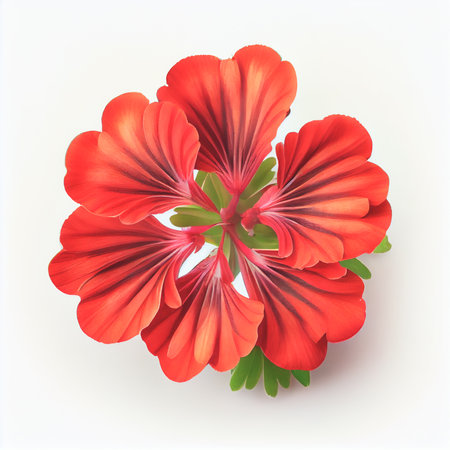 Top view a Geranium flower isolated on a white background, suitable for use on Valentine's Day cards, love letters, or springtime designs.の写真素材