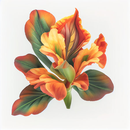 Top view a Canna flower isolated on a white background, suitable for use on Valentine's Day cards, love letters, or springtime designs.の写真素材