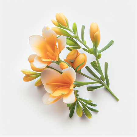 Top view a Freesia flower isolated on a white background, suitable for use on Valentine's Day cards, love letters, or springtime designs.の写真素材