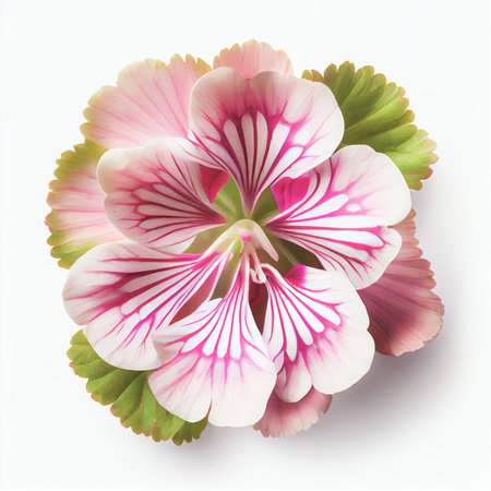 Top view a Geranium flower isolated on a white background, suitable for use on Valentine's Day cards, love letters, or springtime designs.の写真素材