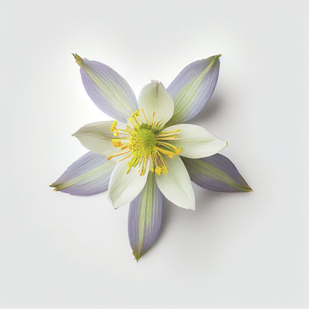 Top view a Columbine flower isolated on a white background, suitable for use on Valentine's Day cards, love letters, or springtime designs.の写真素材