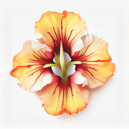 Top view a Gladiolus flower isolated on a white background, suitable for use on Valentine's Day cards, love letters, or springtime designs.の写真素材