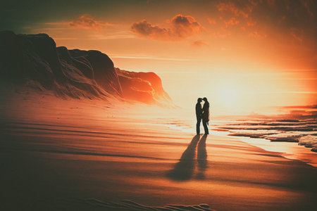 Golden sunlight illuminates a romantic kiss between a couple on a deserted beach at sunrise. The couple's love for each other is evident as they stand silhouetted against the vibrant sunrise.の写真素材