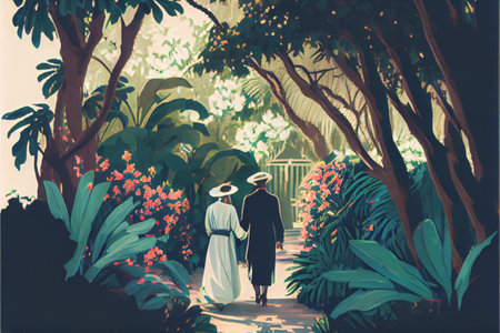 A couple holds hands in a lush garden, their love for each other evident. The vibrant foliage and peaceful setting add to the romance of the moment. 3D illustrationの写真素材
