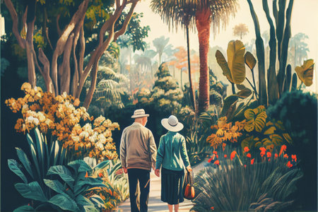 A couple holds hands in a lush garden, their love for each other evident. The vibrant foliage and peaceful setting add to the romance of the moment. 3D illustrationの写真素材