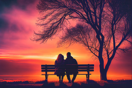 Romantic couple sits on a park bench, embracing and enjoying the stunning sunset together. This heartwarming scene captures the beauty of love and connection in a peaceful outdoor setting.の写真素材