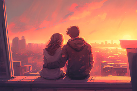 Romantic couple sits on a park bench, embracing and enjoying the stunning sunset together. This heartwarming scene captures the beauty of love and connection in a peaceful outdoor setting.の写真素材
